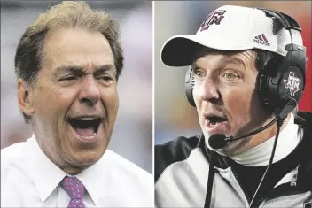  ?? PHOTO VIA AP ?? At left, Alabama head coach Nick Saban yells to the sideline during the first half of Alabama’s NCAA college football scrimmage on April 16 in Tuscaloosa, Ala. At right, Texas A&M coach Jimbo Fisher reacts to an official’s call during the second half of the team’s NCAA college football game against Mississipp­i on Nov. 13, 2021, in Oxford, Miss.