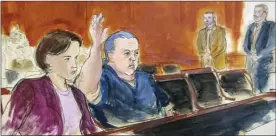  ?? The Associated Press ?? In this courtroom sketch, pipe bombs suspect Cesar Sayoc seated in court, raises his arm to swear to the truth of his statement of need for assigned counsel, during his presentmen­t in Manhattan Federal Court on Tuesday.