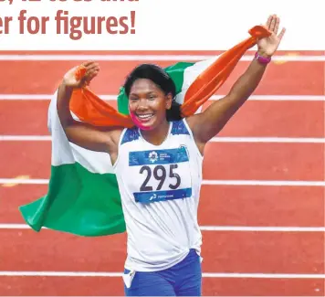  ?? PTI ?? Pioneering effort: Swapna Barman delivers a first for India — the heptathlon gold at the Asian Games.