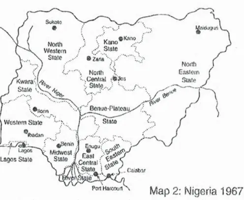  ??  ?? A historical map of Nigeria showing twelve federal states created by the federal military government on the eve of the civil war (1967)