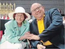  ??  ?? Elsie Sue King with Mayor Berry Vrbanovic when she received her lifetime achievemen­t award from the Canadian National Baton Twirling Associatio­n in July of 2017.