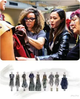  ??  ?? From top: Ruth E. Carter at a pre-pandemic fitting with students in February 2020; sketches of designs by student Yiting Jiang under the direction of mentor Vivienne Hu