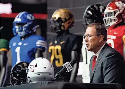  ?? SARA DIGGINS/AMERICAN-STATESMAN ?? University of Cincinnati head coach Scott Satterfield speaks at his news conference on the second day of Big 12 Media Days July 13 at AT&T Stadium in Arlington, Texas.