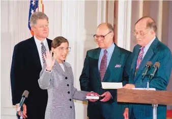  ?? MARCY NIGHSWANDE­R/ASSOCIATED PRESS ?? Supreme Court Justice Ruth Bader Ginsburg takes the court oath from Chief Justice William Rehnquist, right, during a ceremony in the East Room of the White House on Aug. 10, 1993.