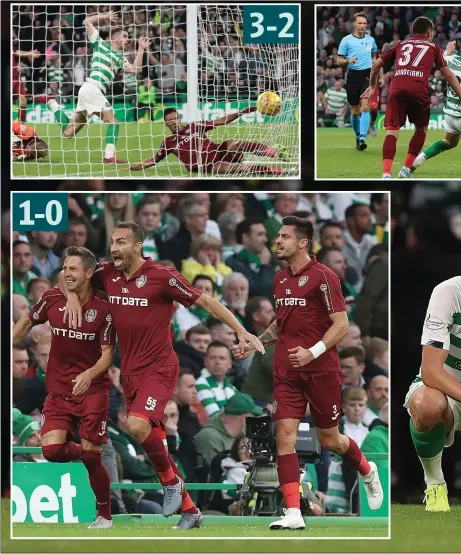 ??  ?? A dejected Kristoffer Ajer looks disbelievi­ng after Celtic were outplayed by underdogs CFR Cluj, crashing out of the