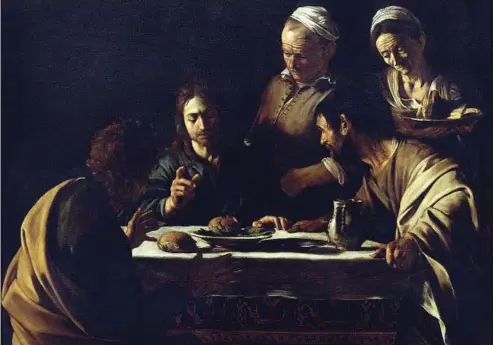  ??  ?? Le opere Dall’alto: la Cena in Emmaus conservata alla National Gallery di Londra (olio su tela, 1601, 141x196,2 centimetri) e la Cena in Emmaus custodita alla Pinacoteca di Brera a Milano (olio su tela, 1606, 141x175 centimetri). Caravaggio dipinse le due tele a meno di cinque anni di distanza, ma c’è un’abissale differenza nella definizion­e della luce