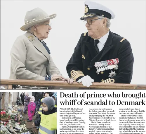  ??  ?? Top, Queen Margrethe and Prince Henrik arrive at Aarhus Harbour aboard the Royal Yacht Dannebrog last year; above, children next to floral tributes at Fredensbor­g Palace.