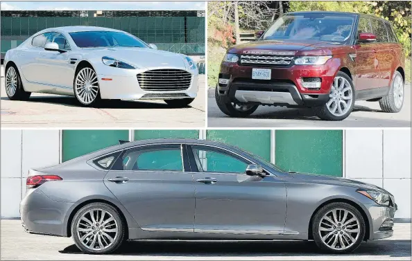  ?? JOHN LEBLANC, DAVID BOOTH/DRIVING & HYUNDAI ?? The 2015 Aston Martin Rapide S, top left, the 2016 Range Rover Sport Td6 HSE, top right, and the 2016 Hyundai Genesis. Aston Martin, Range Rover and Hyundai are all looking to the future and putting the past in the rear view mirror.