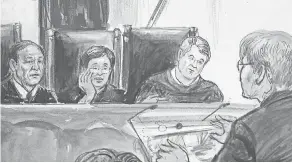  ?? DANA VERKOUTERE­N/AP ?? Attorney Brenda Bryn argues a case in a courtroom sketch on Brett Kavanaugh’s debut on the Supreme Court.