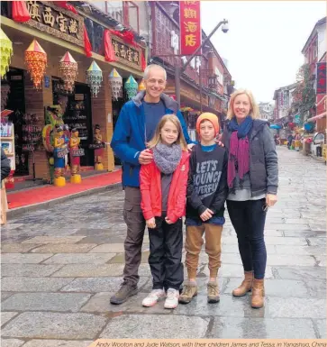  ??  ?? Andy Wooton and Jude Watson, with their children James and Tessa, in Yangshuo, China