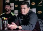  ?? ?? DIRECTOR of Rugby Rassie Erasmus during a press conference in Dublin, earlier this month. | LASZLO GECZO Backpagepi­x