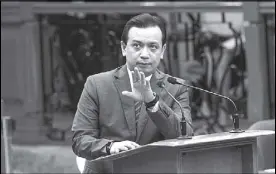  ?? GEREMY PINTOLO ?? Sen. Antonio Trillanes IV delivers a privilege speech at the Senate to show Solicitor General Jose Calida's allegedly anomalous contracts as well as documents and videos of him applying for amnesty.