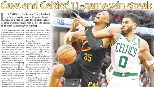  ?? AFP PHOTO ?? ■ Jayson Tatum of the Boston Celtics fouls Isaac Okoro (No. 35) of the Cleveland Cavaliers during the second half at Rocket Mortgage Fieldhouse on Tuesday, March 5, 2024, in Cleveland, Ohio.