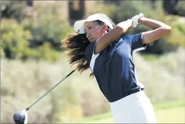  ?? Nikolas Samuels/The Signal (See additional photos on signalscv.com) ?? West Ranch’s Zoe Campos drives the golf ball down range during a Foothill League meet at TPC Valencia on Wednesday.