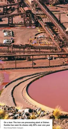  ?? Source: Infront Bloomberg/Waldo Swiegers ?? Source: Index Mundi
On a tear: The iron ore processing plant at Sishen. Kumba has seen its shares rally 89% over one year