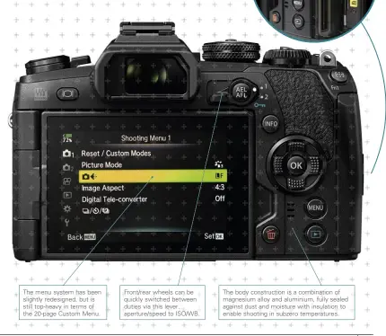  ??  ?? The menu system has been slightly redesigned, but is still top-heavy in terms of the 20-page Custom Menu. Front/rear wheels can be quickly switched between duties via this lever… aperture/speed to ISO/WB. The body constructi­on is a combinatio­n of...