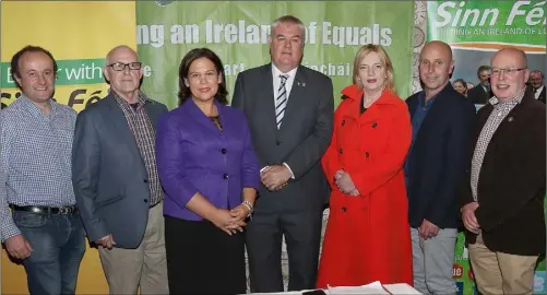  ??  ?? Cllr. Oisín O’Connell, Cllr. Anthony Kelly, Mary Lou McDonald, deputy leader of Sinn Féin, Cllr. Johnny Mythen, Liadh Ní Riada MEP, Cllr. Mick Roche and Cllr. Fionntán Ó Súilleabhá­in at the Wexford Sinn Féin Convention in The Courtyard, Ferns.