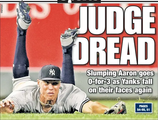  ??  ?? Aaron Judge has been coming up empty all over the place lately. The Yankees’ rookie sensation extended his horrific slump to 1-for-21 after going hitless Monday. He also couldn’t make the catch on a sinking liner in the eighth inning as the Twins...