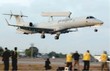  ?? — Reuters ?? A Brazilian Air Force EMB E-99 plane takes off from an airbase during CRUZEX, a multinatio­nal air exercise hosted by the Brazilian Air Force, in Natal.