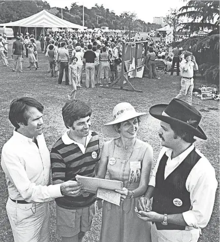  ??  ?? Memphis In May officials, from left, Lyman Aldrich, Wise Smith, Robin Davis and Rodney Baber Jr., gather as the monthlong event neared its close on June 3, 1978. THOMAS BUSLER / THE COMMERCIAL APPEAL FILE