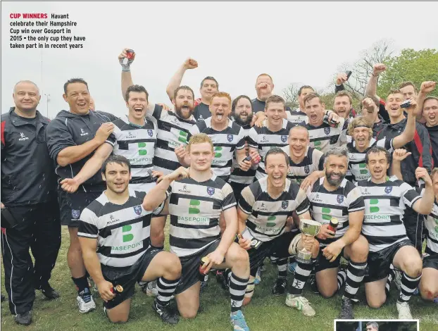  ??  ?? CUP WINNERS Havant celebrate their Hampshire Cup win over Gosport in 2015 the only cup they have taken part in recent years