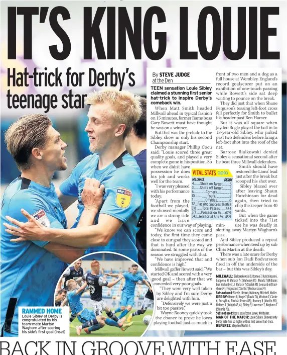  ??  ?? RAMMED HOME Louie Sibley of Derby is congratula­ted by his team-mate Martyn Waghorn after scoring his side’s first goal (inset)