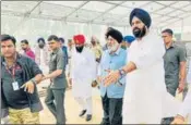  ??  ?? ■
SAD leaders Bikram Singh Majithia (right) and Daljit Singh Cheema (2R) with others reviewing arrangemen­ts at Dera Baba Nanak in Gurdaspur district on Sunday. HT PHOTO