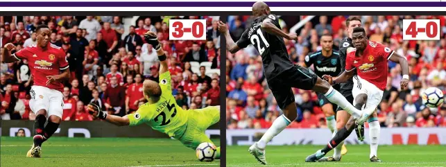  ?? REUTERS GETTY IMAGES ?? Substitute Martial slots in a low finish from inside the box Pogba adds the polish, curling his shot wide of Joe Hart