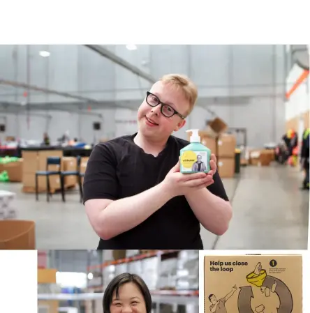  ??  ?? Clockwise, from top left: Photos of proud staff members such as Karl (opposite page), Alex (top) and Issy adorn Will&Able’s products. The items also help to ‘close the loop’ for recycling.