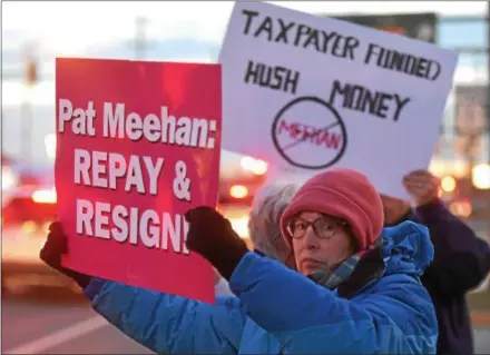  ?? PETE BANNAN — DIGITAL FIRST MEDIA ?? Sylvia Bronner of the Ardmore section of Haverford Township takes part in a protest in front of the Springfiel­d offices of U.S. Rep. Patrick Meehan, R-7, on Monday after it was reported that he used taxpayer money to settle a sexual harassment...