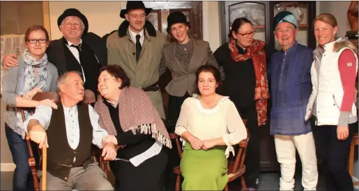  ??  ?? The Duhallow Players on stage with Bryan McMahon’s play ‘The Bugle’. Back row: Éilis Hourigan (Sound), Michael O’Halloran (Director and Botany Connell), Dónal O’Sullivan (Tim Sullivan), Michelle Enright (May Bridie Monahan), Mary O’Sullivan (Stage...