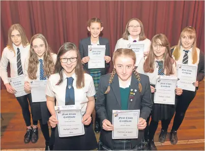  ?? Picture: Angus Findlay. ?? Some of the youngsters who took part in the vocal solo, songs from shows (14-15). Front: joint first, Anna Ross, Perth Academy and Amy Baxter, Kilgraston School, with, from left: Trinity Campbell, St John’s Academy, Georgia McCarthy, Auchterard­er,...