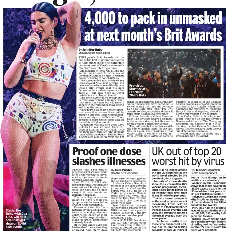  ??  ?? Study: The Brits, with Dua Lipa, will help scientists get data on Covid safe events
Pre-virus: Stormzy at February 2020’s Brits