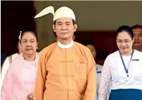  ?? AP ?? Myanmar’s new President Win Myint leaves after taking oaths at Parliament in Naypyitaw, Myanmar, on Friday. —