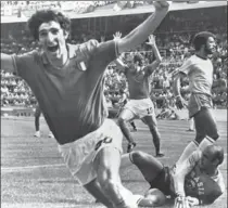  ?? ASSOCIATED PRESS FILE PHOTO ?? In the glory days, Paolo Rossi celebrated scoring his second goal for Italy against Brazil July 5, 1982, en route to a World Cup victory over Germany.