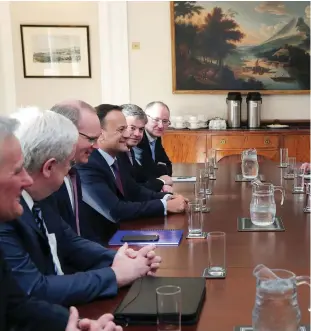  ??  ?? Taoiseach Leo Varadkar meets with British Prime Minister Theresa May and Northern Secretary Karen Bradley inside Stormont House on Monday. Photo: Kelvin Boyes/Press Eye