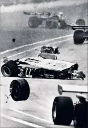  ?? Charles A. Robinson Associated Press ?? AFTER A CRASH at the start of the 1973 Indianapol­is 500, the feet of David “Salt” Walther protrude from his upside-down No. 77 car. Walther survived the accident in which the car caught fire.