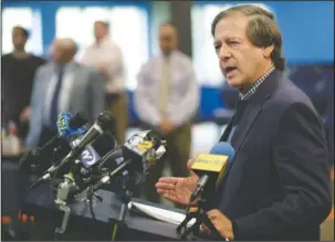  ?? The Associated Press ?? UP AND RUNNING: Dennis Drazin, CEO of Darby Developmen­t, operators of Monmouth Park, speaks to reporters at Monmouth Park Racetrack in Oceanport, N.J., Monday The Supreme Court on Monday gave its go-ahead for states to allow gambling on sports across...