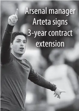  ?? AP ?? Arsenal’s manager Mikel Arteta gestures to his players during the English Premier League match between West Ham United and Arsenal at the London stadium in London on Sunday, May 1, 2022.