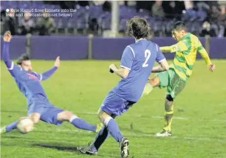  ??  ?? Kyle Hamid fires Linnets into the lead and celebrates (inset below)