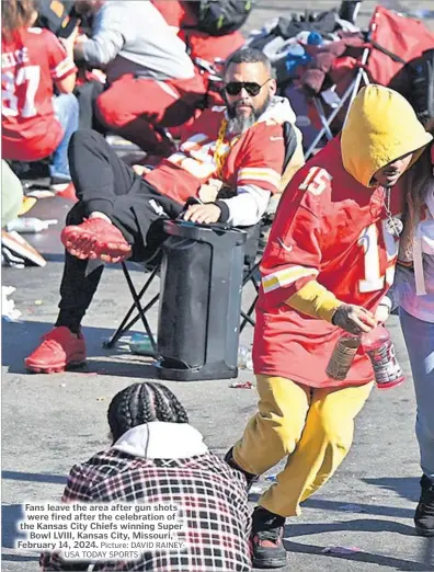  ?? Picture: DAVID RAINEYUSA TODAY SPORTS ?? Fans leave the area after gun shots were fired after the celebratio­n of the Kansas City Chiefs winning Super Bowl LVIII, Kansas City, Missouri, February 14, 2024.