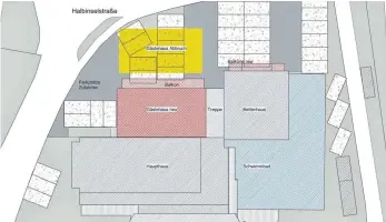  ?? FOTO: BAUWERKSTA­TT WASSERBURG ?? Das alte Gästehaus (gelb) soll abgebroche­n werden und direkt am Haupthaus wieder aufgebaut werden (rot).