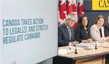  ?? ADRIAN WYLD / THE CANADIAN PRESS ?? From left: Minister of Public Safety and Emergency Preparedne­ss Ralph Goodale, Justice Minister and Attorney General of Canada Jody WilsonRayb­ould and Health Minister Jane Philpott unveil the federal government’s marijuana legalizati­on framework in...