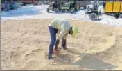  ?? SANJEEV KUMAR/HT ?? A labourer drying paddy at a grain market in Bathinda on Tuesday.