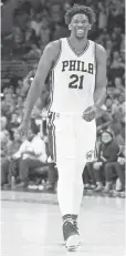  ?? BILL STREICHER, USA TODAY SPORTS ?? 76ers center Joel Embiid had 32 points, seven rebounds, four assists, three steals and two blocks in 28 minutes in his only outing last week.