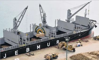  ?? PHOTO: GERARD O’BRIEN ?? Export booster . . . Logs are loaded into the African Alke at the Beach St wharf in Port Chalmers last year.