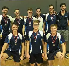  ??  ?? The Toowoomba Titans men’s team (from back left) Grant Norman, Matthew Atkinson, Zayden Pidgeon, Christian Retschlag, Jaek Passier, coach Marco Calderini, Ethan Farquarson, Scott Schultz and Chris Austin won gold at the Aces United Volleyball tournament.