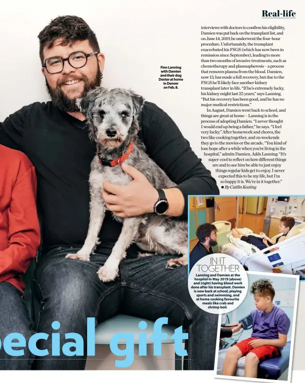  ??  ?? Finn Lanning with Damien and their dog Dexter at home in Denver on Feb. 8.