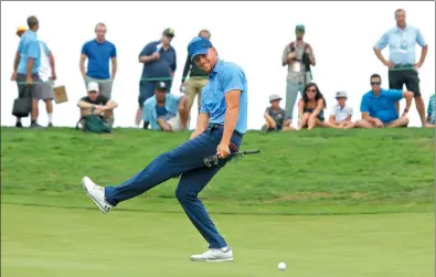  ?? ERIC RISBERG / AP ?? Golden State Warriors basketball star Stephen Curry reacts after missing a birdie putt on the eighth green during the Web.com Tour’s Ellie Mae Classic on Thursday, in Hayward, California. Curry shot a 4-over-par 74.