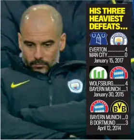  ??  ?? PEP GUARDIOLA looks downcast in the Goodison dugout as he suffers his worst loss since becoming Barcelona boss in 2008. The 4-0 defeat left Manchester City in fifth, outside the Champions League places.